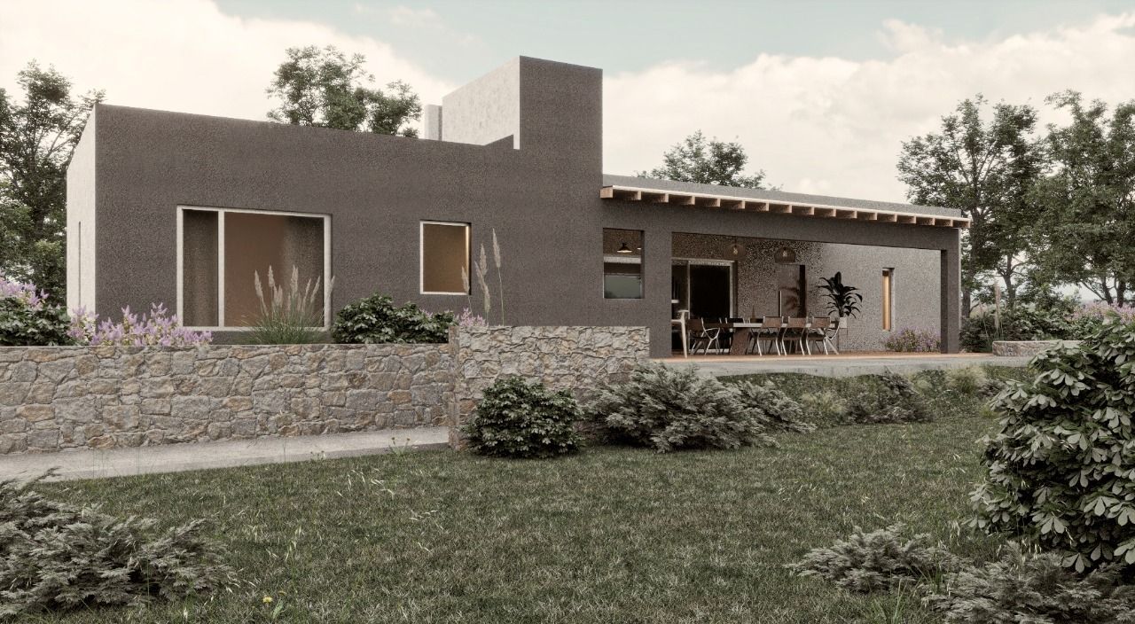 Render de vivienda de una planta con revoque oscuro, muro de piedra y galería con vigas de madera