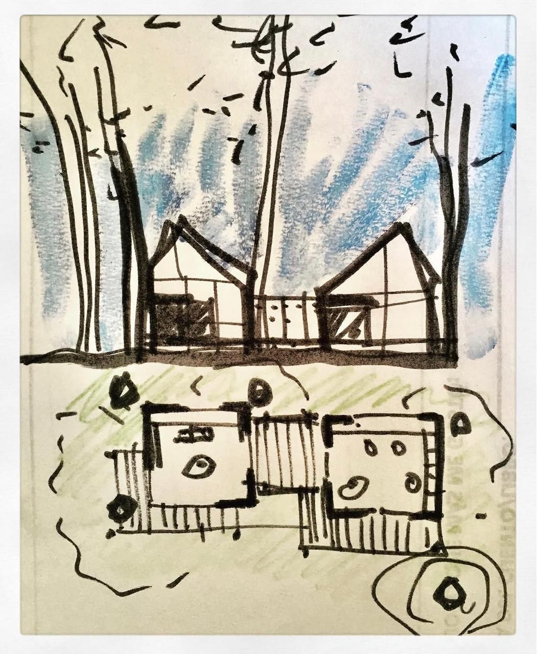 Croquis a mano con color, planta y vista del proyecto
