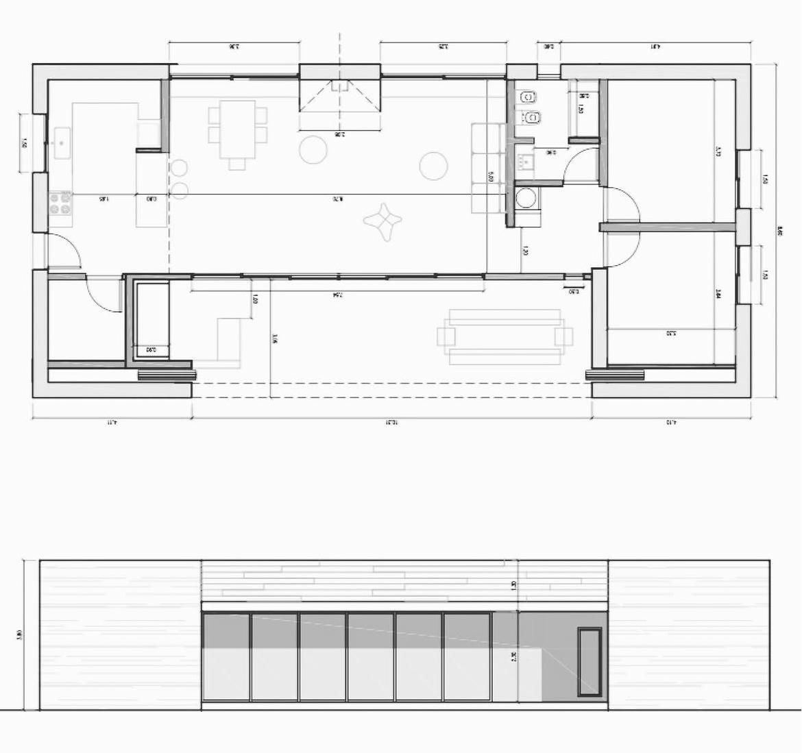 Planta y elevación técnicas del proyecto, acotadas