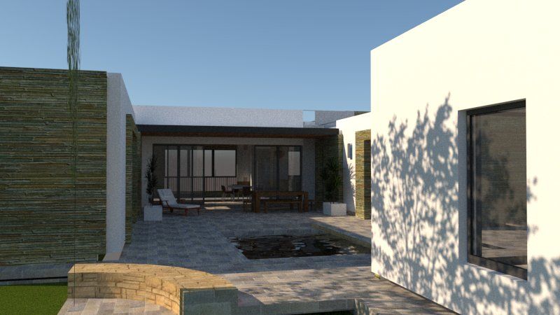 Render del patio interior con espejo de agua y galería revestida en piedra