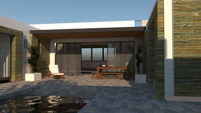 Render del mismo patio desde la galería, con mesa de madera y revestimiento de piedra