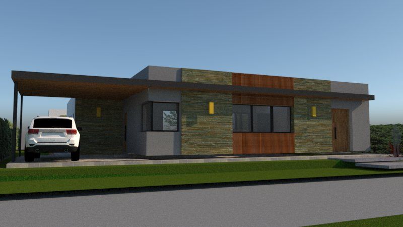 Render del frente con cochera cubierta y fachada que combina piedra y madera