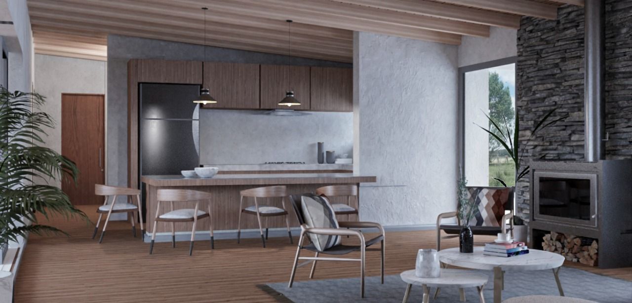 Render interior del estar con isla de cocina, hogar a leña y techo de madera