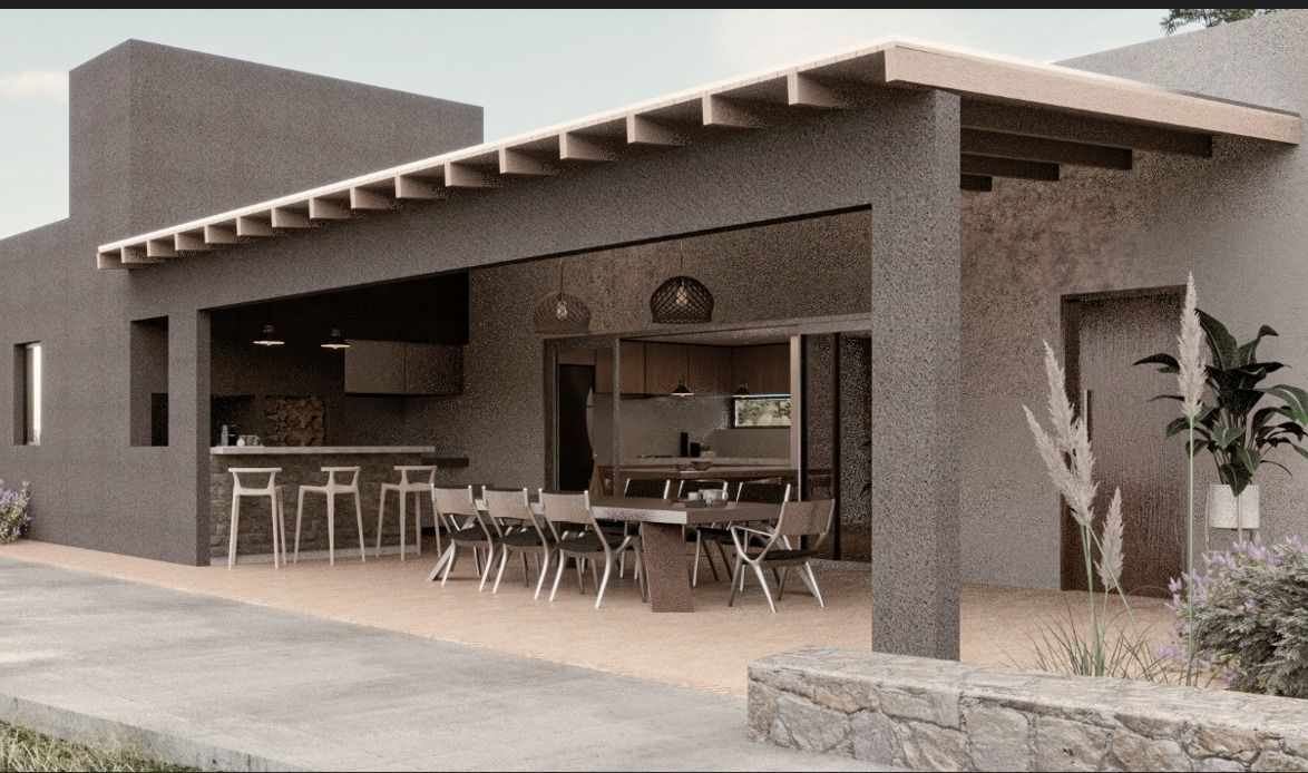 Render de la galería con mesa larga, vigas a la vista y revoque texturado oscuro