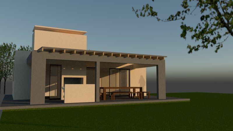 Render del quincho con parrilla, mesa larga y pérgola de vigas de madera