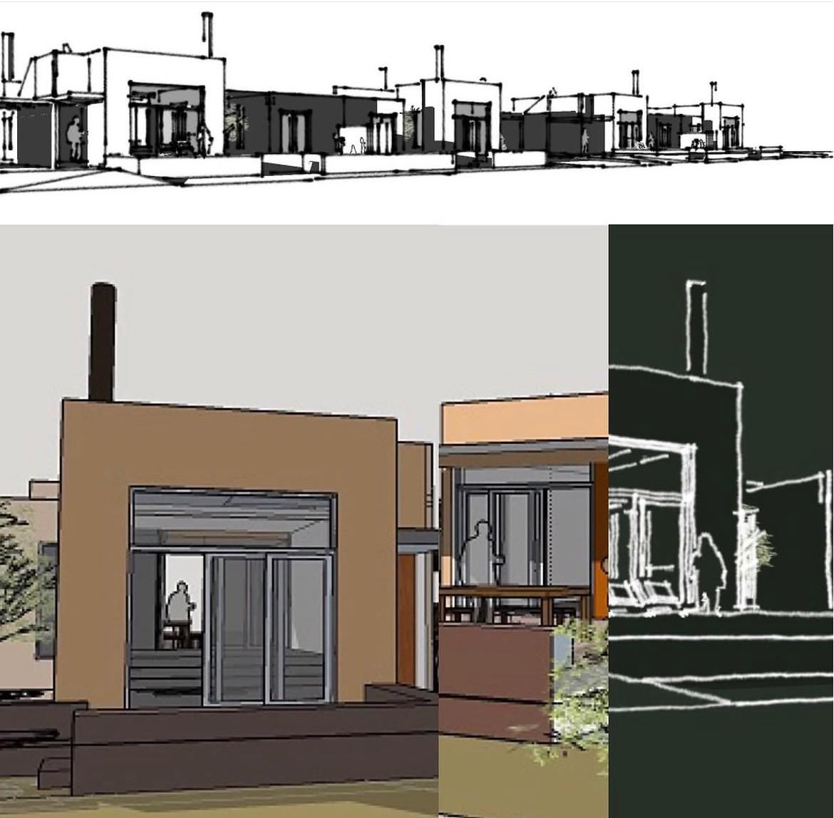 Vistas del proyecto en corte y elevación, con color y figuras de escala