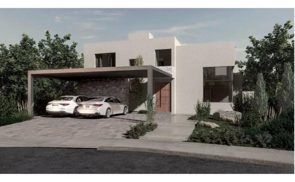 Render de una vivienda moderna con cochera cubierta, al atardecer