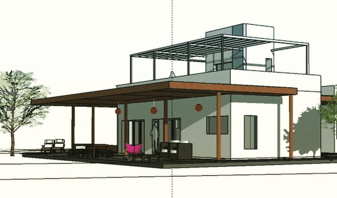 Render de una vivienda de una planta con galería y pérgola de madera