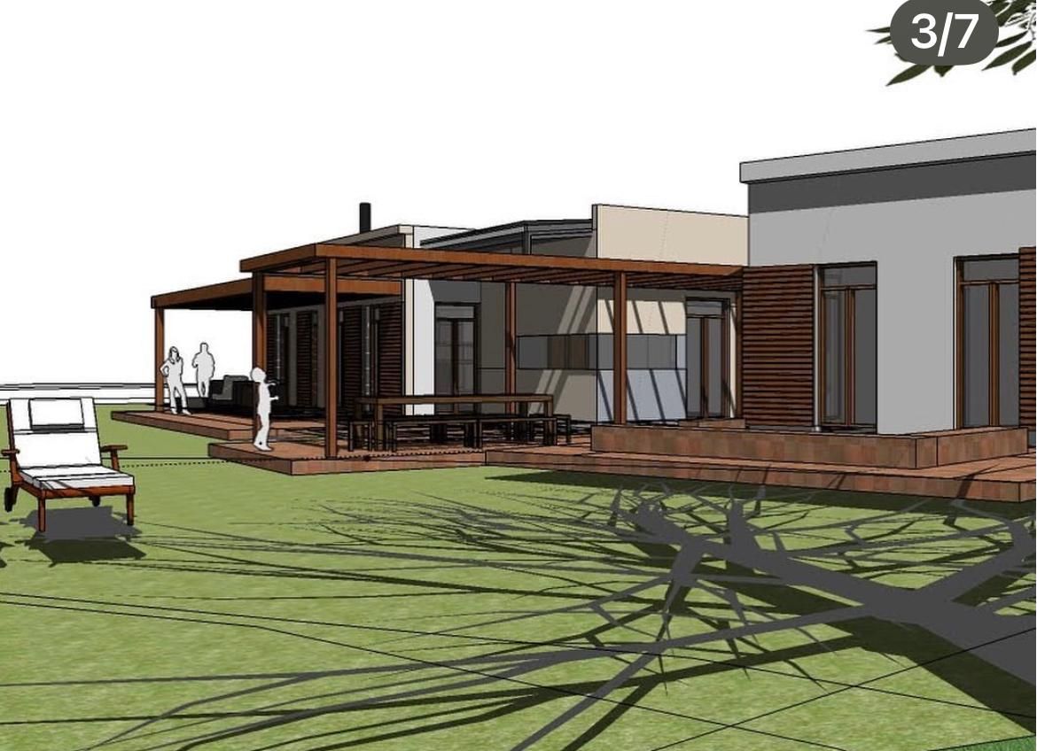 Render de una vivienda con deck de madera abierto al parque